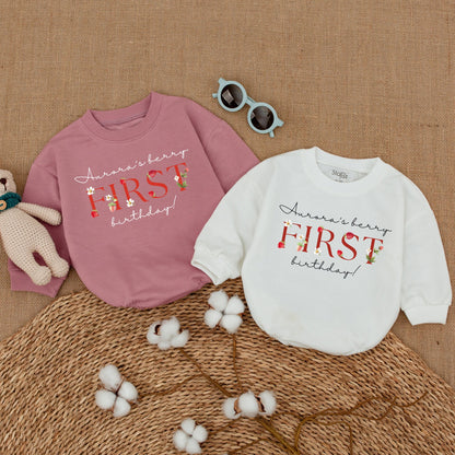 Personalized Berry First Birthday Romper Sweet Strawberry Smash Cake Outfit for Baby Girl with Whimsical Flower Design Comfortable Bodysuit