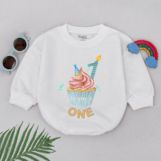 First Birthday Cupcake Bubble Romper Baby Bodysuit Outfit for Sweet Boy Girl 1st Birthday Party Celebration Baby Shower Gift Comfortable Soft Infant Clothing