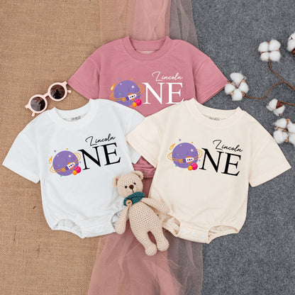 Custom Lincoln ONE Birthday Baby Romper Space Theme First Trip Around the Sun Outfit Planet Spaceship Cartoon Pastel Playful Infant Bodysuit Gift
