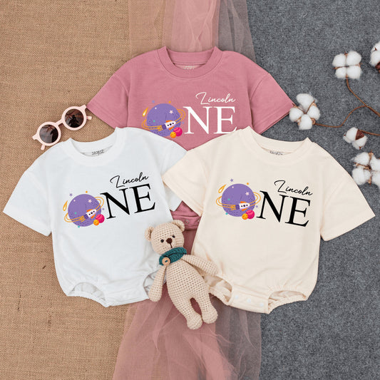 Custom Lincoln ONE Birthday Baby Romper Space Theme First Trip Around the Sun Outfit Planet Spaceship Cartoon Pastel Playful Infant Bodysuit Gift