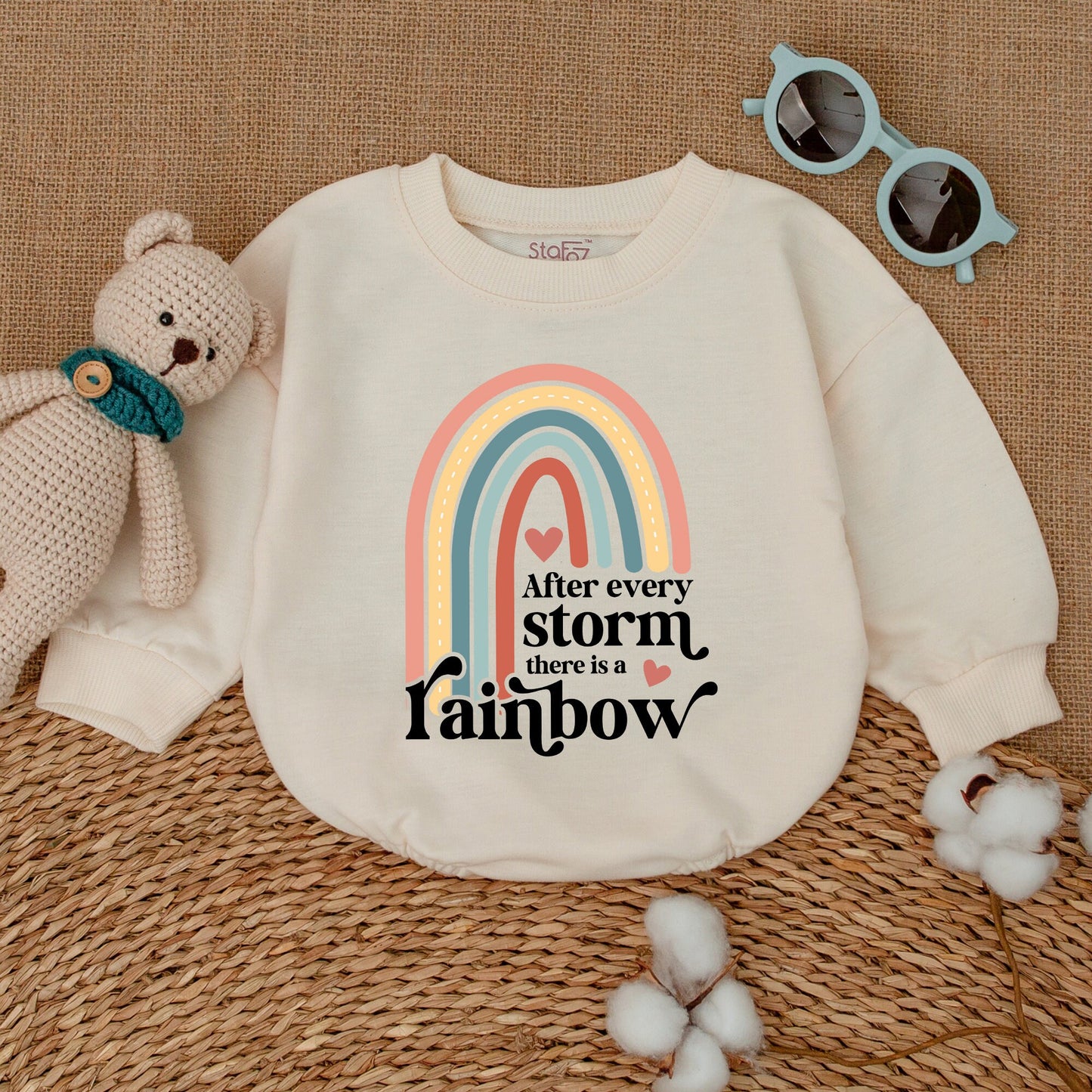 Sweet Muted Rainbow Baby Romper Bodysuit After Every Storm Quote Peach Teal Yellow Hearts Design Gender Neutral Infant Gift