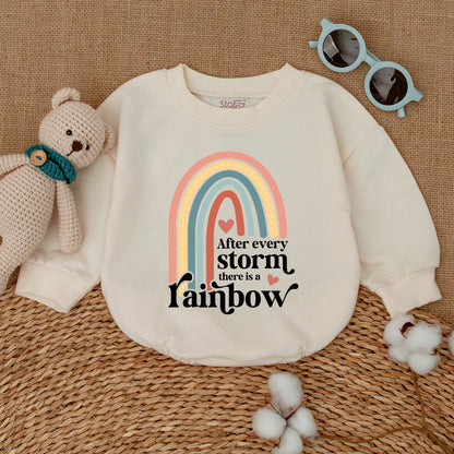 Sweet Muted Rainbow Baby Romper Bodysuit After Every Storm Quote Peach Teal Yellow Hearts Design Gender Neutral Infant Gift