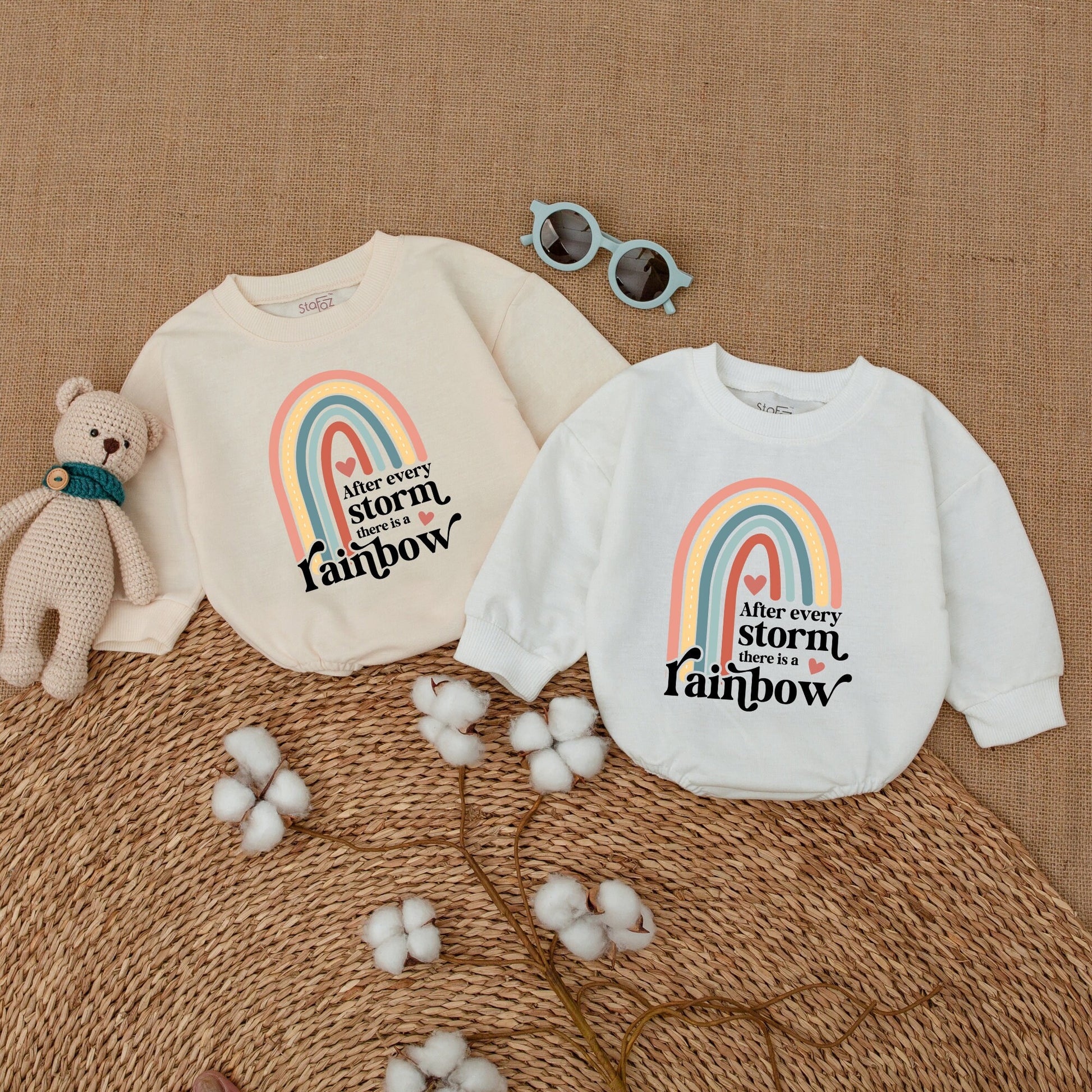 Sweet Muted Rainbow Baby Romper Bodysuit After Every Storm Quote Peach Teal Yellow Hearts Design Gender Neutral Infant Gift