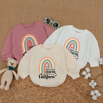 Sweet Muted Rainbow Baby Romper Bodysuit After Every Storm Quote Peach Teal Yellow Hearts Design Gender Neutral Infant Gift