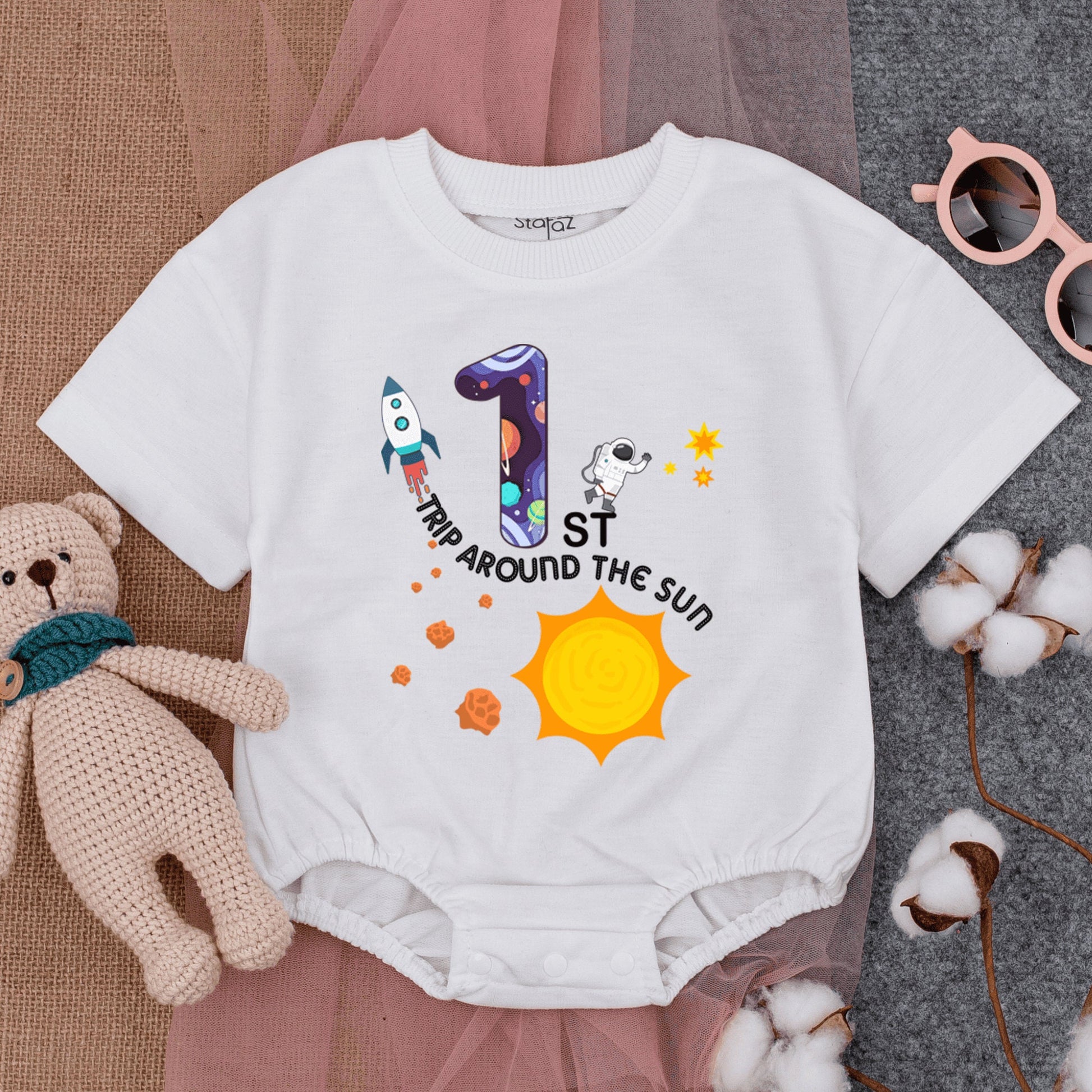 Baby Boy First Birthday Space Romper with Galaxy Number One Rocket Astronaut Design Trip Around the Sun Outfit Infant Bodysuit Clothes