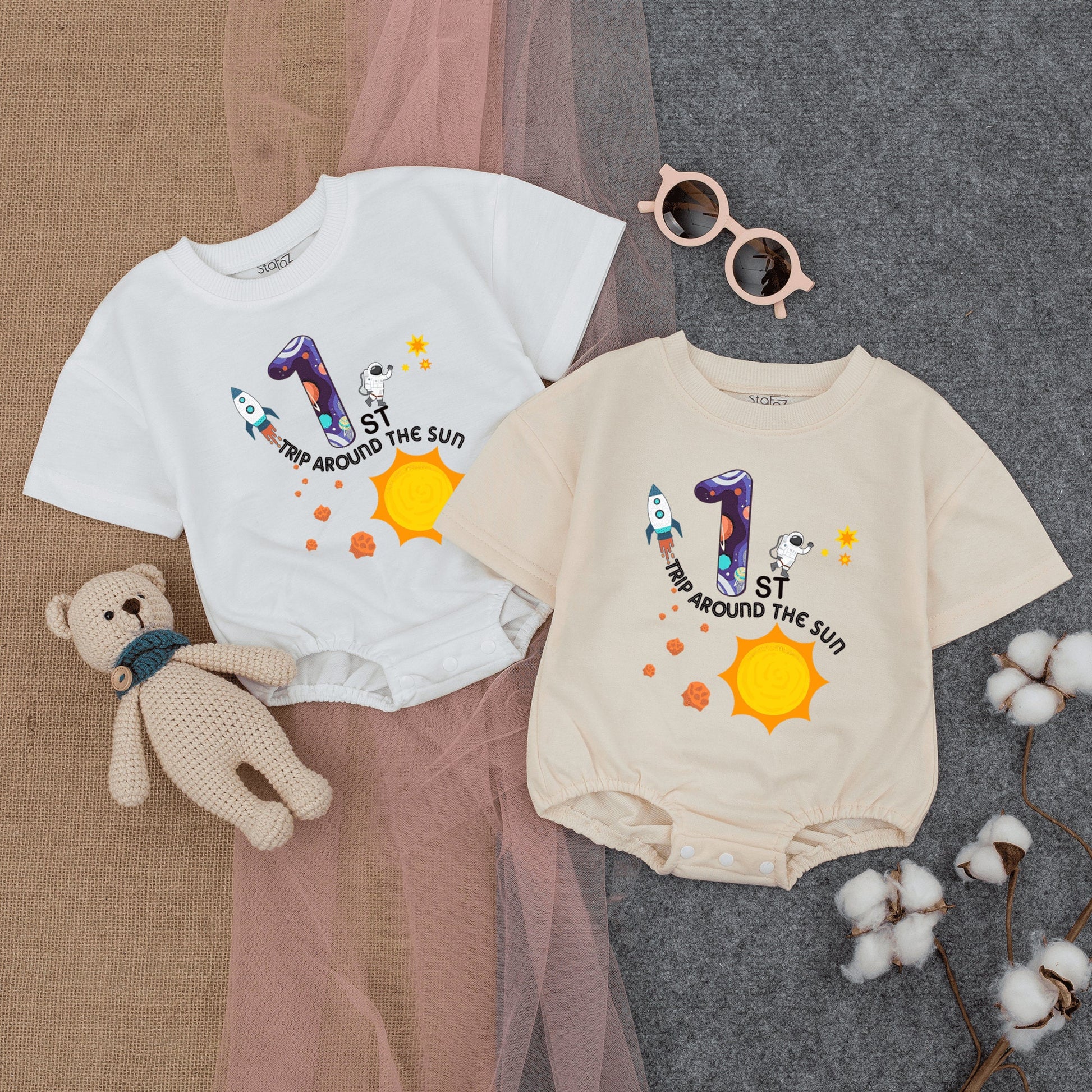 Baby Boy First Birthday Space Romper with Galaxy Number One Rocket Astronaut Design Trip Around the Sun Outfit Infant Bodysuit Clothes