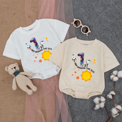 Baby Boy First Birthday Space Romper with Galaxy Number One Rocket Astronaut Design Trip Around the Sun Outfit Infant Bodysuit Clothes