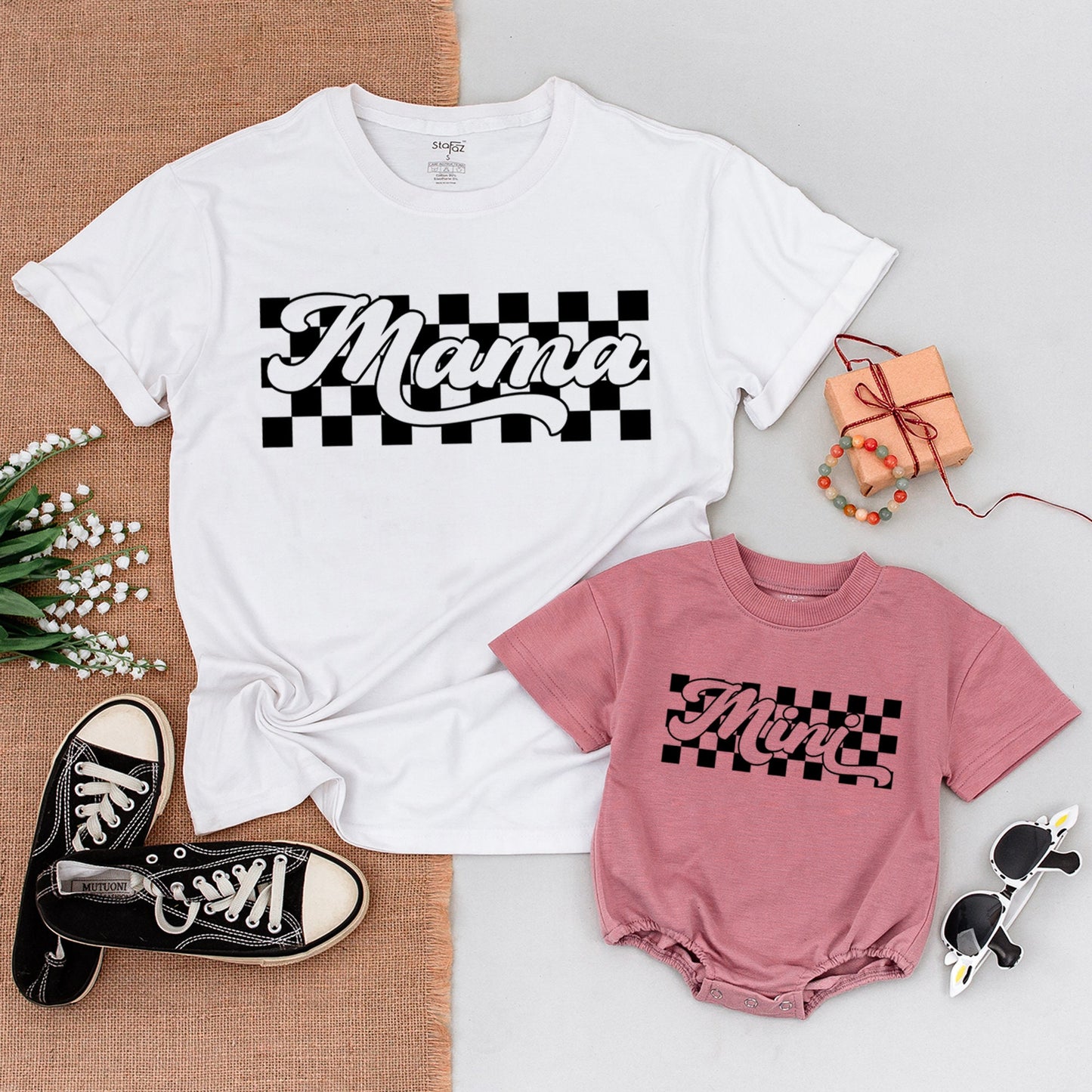 Bold Retro Black and White Checkered Matching Family Shirts Mama Daddy Bro Mini Outfits Vintage Race Car Theme Baby Bodysuit Gift