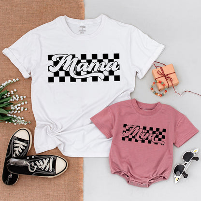 Bold Retro Black and White Checkered Matching Family Shirts Mama Daddy Bro Mini Outfits Vintage Race Car Theme Baby Bodysuit Gift