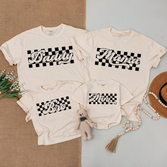 Bold Retro Black and White Checkered Matching Family Shirts Mama Daddy Bro Mini Outfits Vintage Race Car Theme Baby Bodysuit Gift