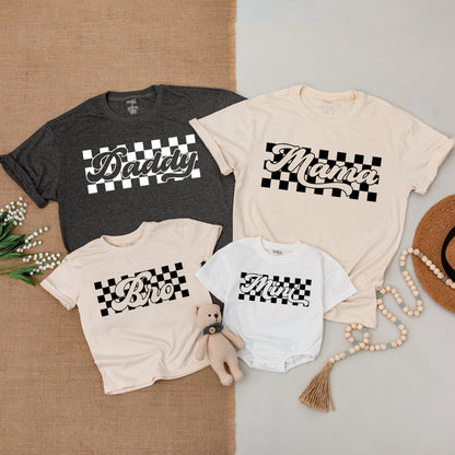 Bold Retro Black and White Checkered Matching Family Shirts Mama Daddy Bro Mini Outfits Vintage Race Car Theme Baby Bodysuit Gift
