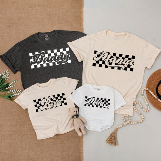 Bold Retro Black and White Checkered Matching Family Shirts Mama Daddy Bro Mini Outfits Vintage Race Car Theme Baby Bodysuit Gift