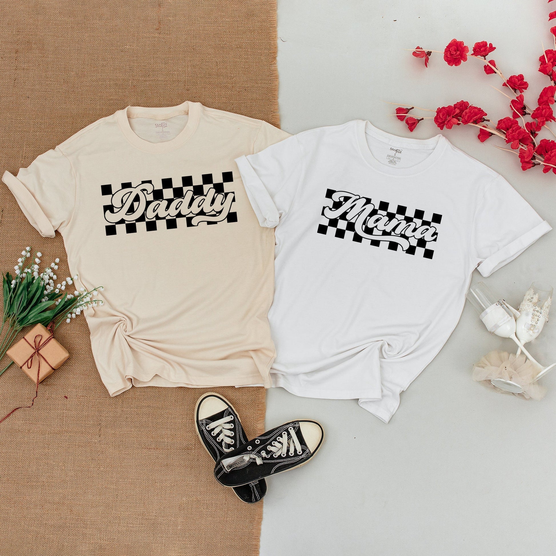 Bold Retro Black and White Checkered Matching Family Shirts Mama Daddy Bro Mini Outfits Vintage Race Car Theme Baby Bodysuit Gift