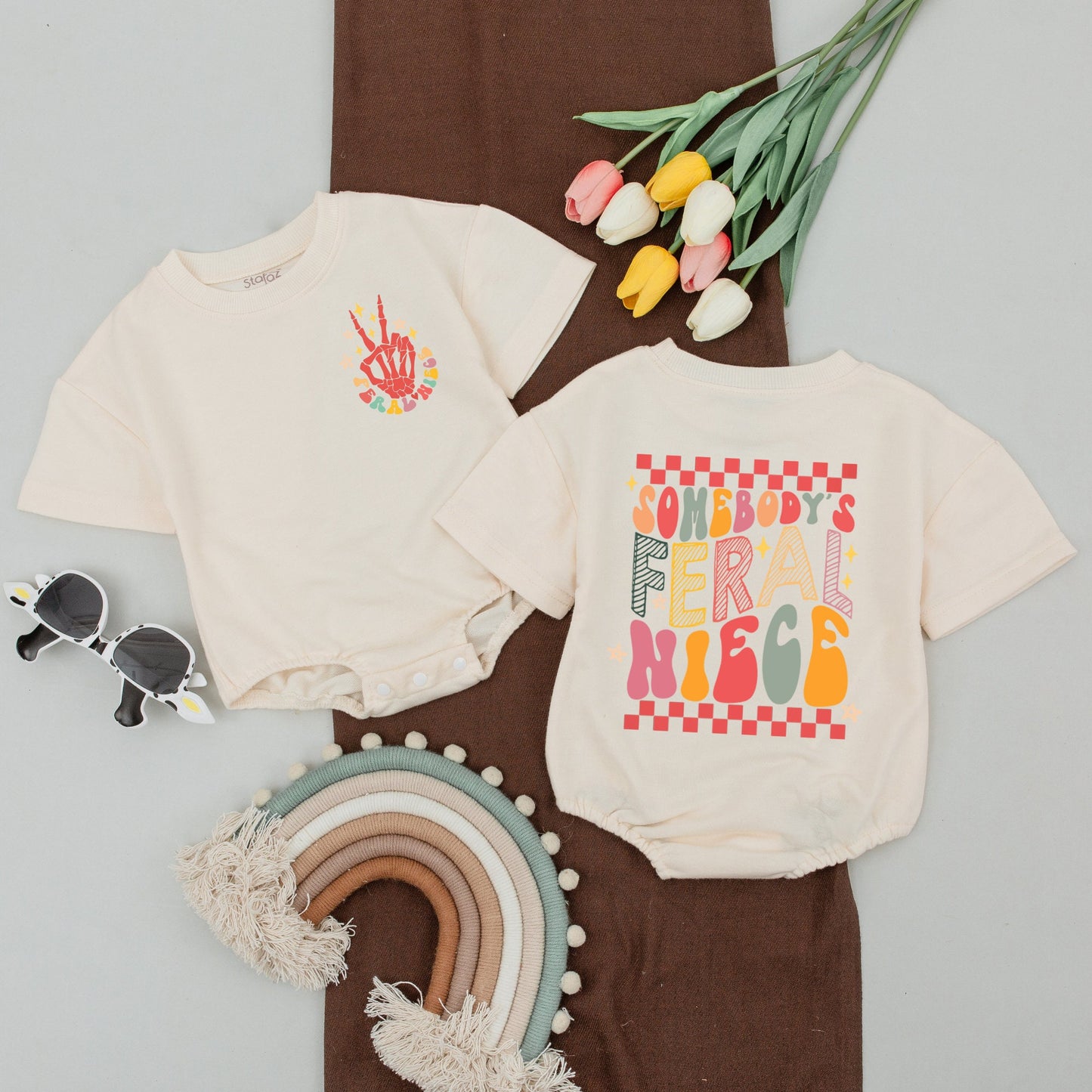 Feral Auntie & Niece Matching Outfits, Retro Playful Shirt & Romper Gift for Baby Girl Toddler, Checkered Multi-Colored Fun Whimsical Design