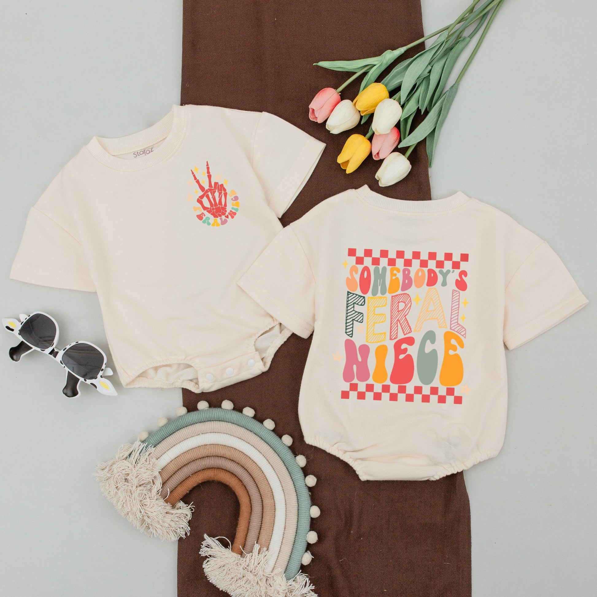 Feral Auntie & Niece Matching Outfits, Retro Playful Shirt & Romper Gift for Baby Girl Toddler, Checkered Multi-Colored Fun Whimsical Design
