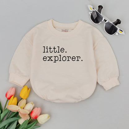 Little Explorer Baby Romper Gender Neutral Adventure Outfit with Minimalist White Text Design Oversized Summer Bodysuit for First Trip Journey