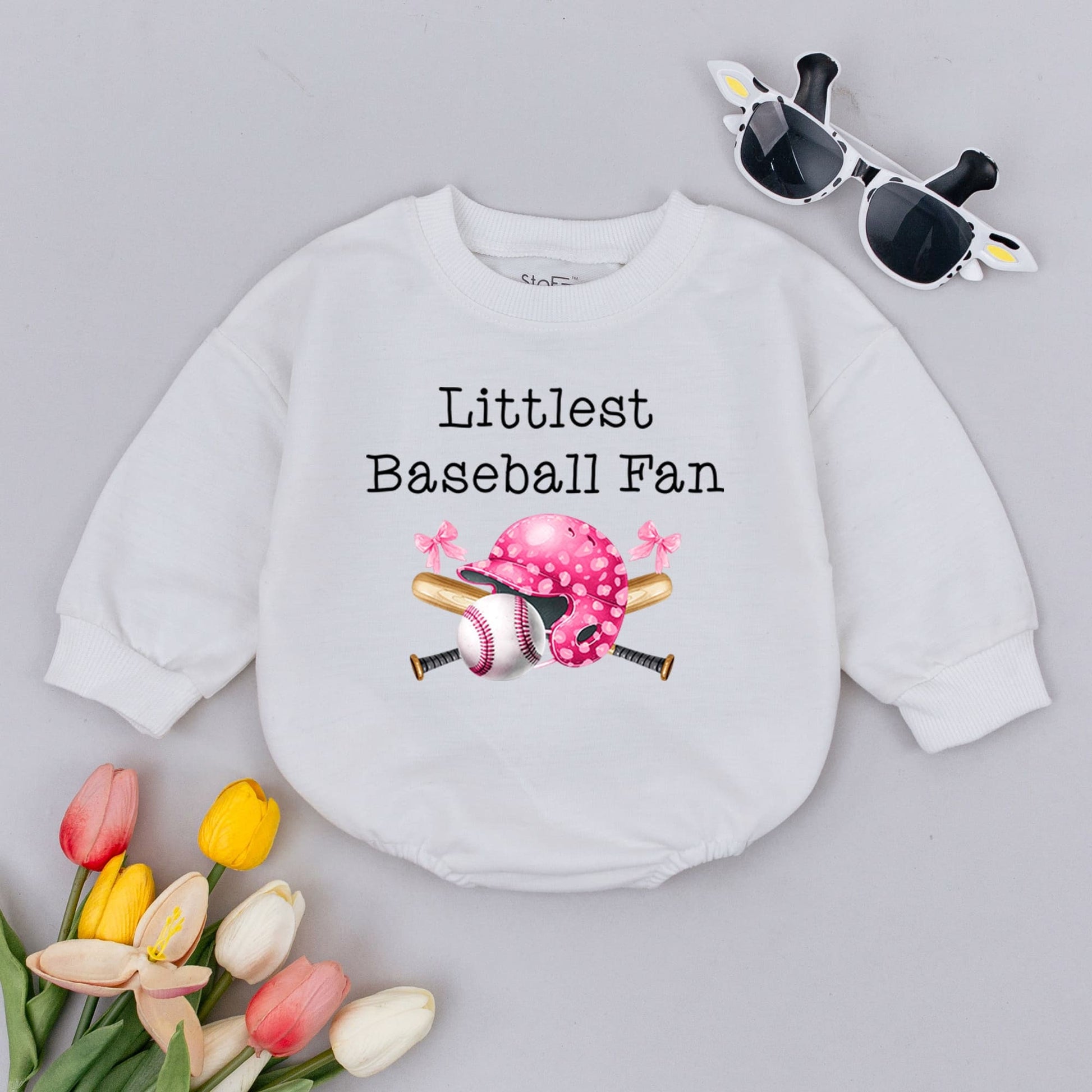 Littlest Baseball Fan Baby Romper Pink Helmet Bow Baseball Graphic Girl Bodysuit Cute Sports Infant Outfit Pregnancy Announcement Shower Gift Newborn Clothing