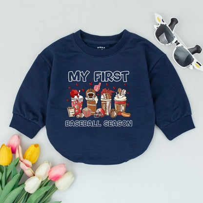 My First Baseball Season Baby Romper Bodysuit Cute Playful Sports Outfit Whimsical Baseball Drink Design Newborn Pregnancy Announcement Gift
