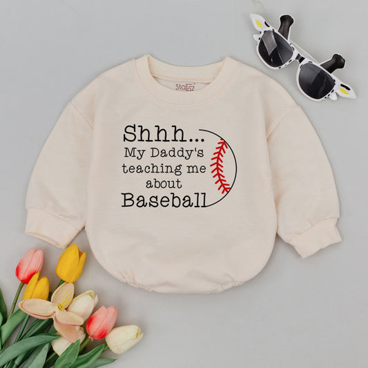 Shhh My Daddy's Teaching Me About Baseball Baby Romper, Minimalist Black and Red Baseball Graphic Newborn Bodysuit, Gender Neutral Sports Baby Shower Gift, Soft Summer Infant Clothing