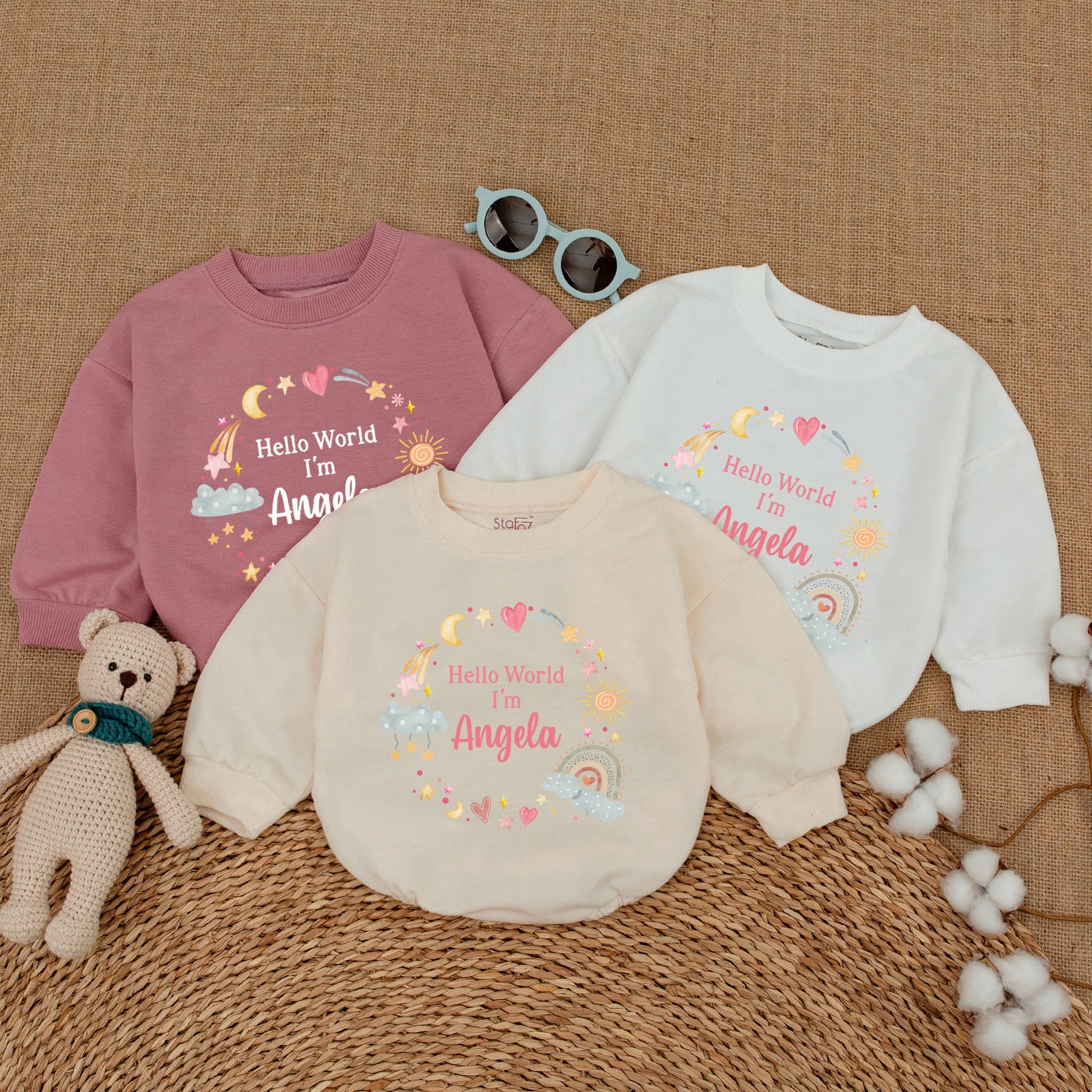 Personalized Hello World Angela Baby Romper Newborn Whimsical Pastel Stars Moons Pregnancy Announcement Baby Shower Gift Coming Home Outfit