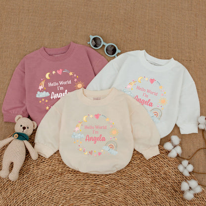 Personalized Hello World Angela Baby Romper Newborn Whimsical Pastel Stars Moons Pregnancy Announcement Baby Shower Gift Coming Home Outfit
