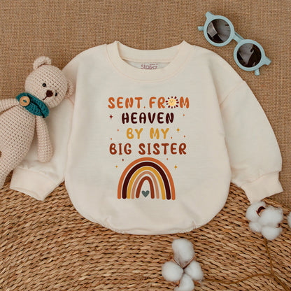 Sent From Heaven By My Big Sister Baby Romper Guardian Angel Bodysuit Whimsical Rainbow Sun Stars Newborn Coming Home Outfit Gift
