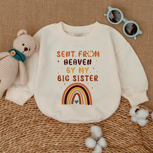 Sent From Heaven By My Big Sister Baby Romper Guardian Angel Bodysuit Whimsical Rainbow Sun Stars Newborn Coming Home Outfit Gift