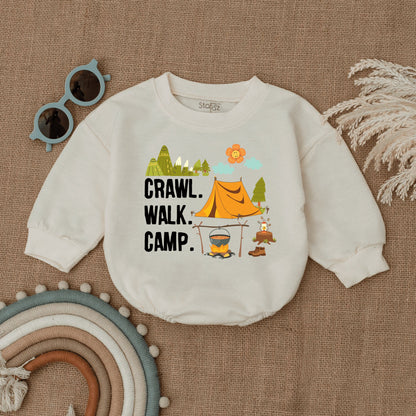 Crawl Walk Camp Baby Romper Cute Camping Infant Bodysuit with Mountain Tent Design Smiling Flower Cheerful Newborn Adventurer Outfit
