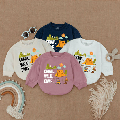 Crawl Walk Camp Baby Romper Cute Camping Infant Bodysuit with Mountain Tent Design Smiling Flower Cheerful Newborn Adventurer Outfit