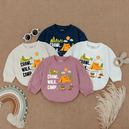 Crawl Walk Camp Baby Romper Cute Camping Infant Bodysuit with Mountain Tent Design Smiling Flower Cheerful Newborn Adventurer Outfit