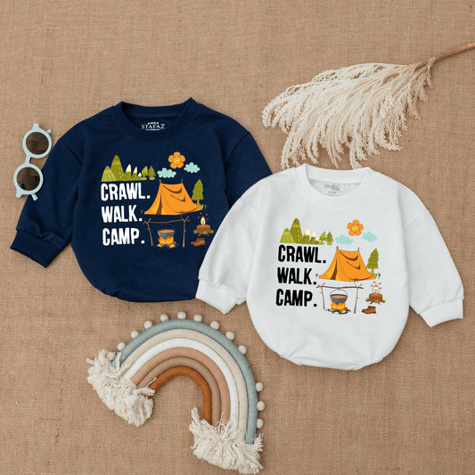 Crawl Walk Camp Baby Romper Cute Camping Infant Bodysuit with Mountain Tent Design Smiling Flower Cheerful Newborn Adventurer Outfit