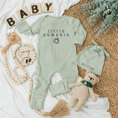 Personalized Little Pumpkin Pregnancy Announcement Baby Bodysuit and Hat Set featuring Custom Name William Fall Newborn Keepsake Outfit