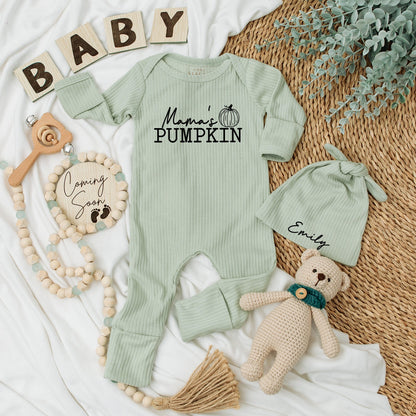 Personalized Mama's Pumpkin Pregnancy Announcement Baby Bodysuit and Hat Set Fall Newborn Unisex Keepsake Gift with modern name hat