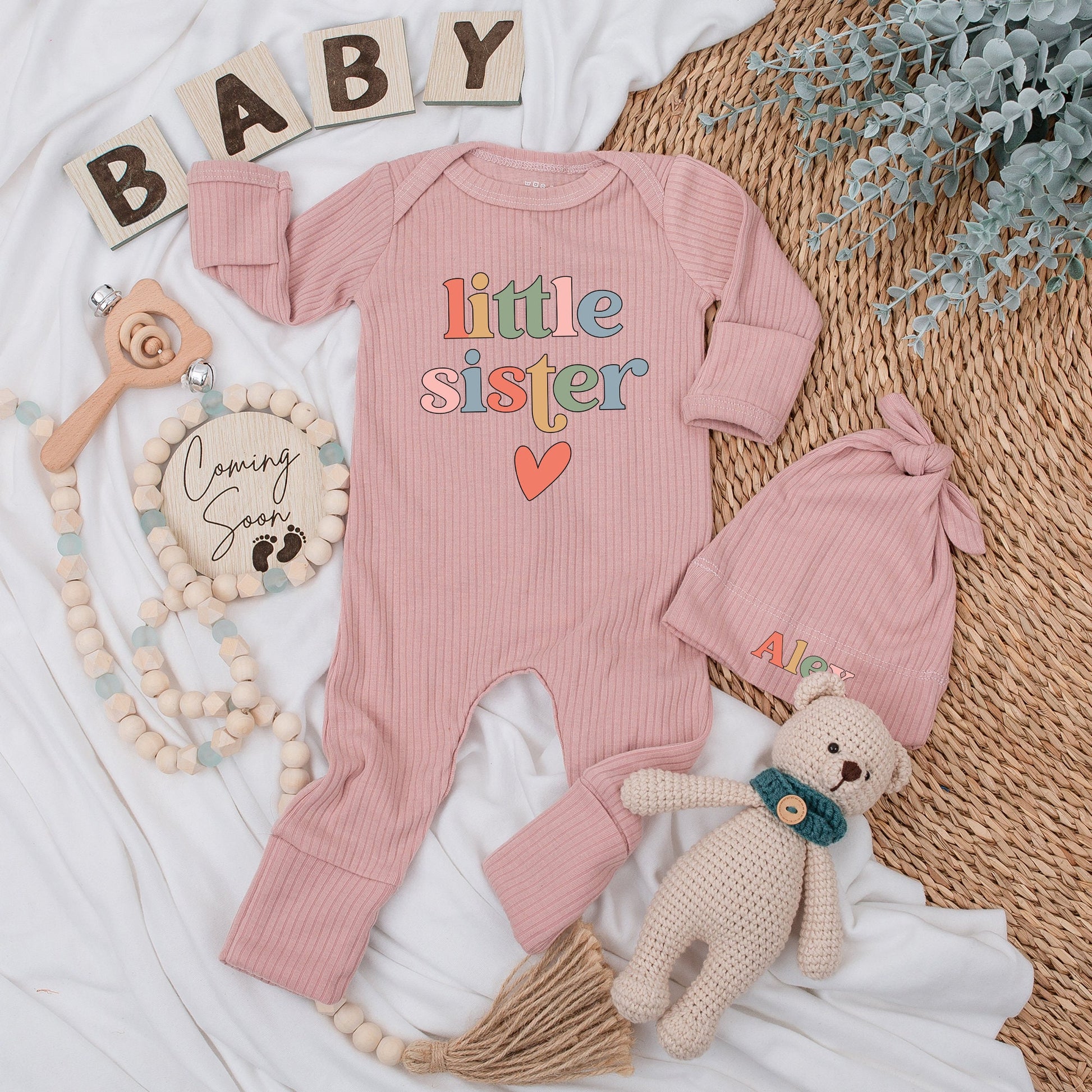Little Sister Baby Bodysuit Hat Set Rainbow Retro Bubbly Font Newborn Girl Clothes Vintage Peach Heart Keepsake Gift Soft Cotton Outfit