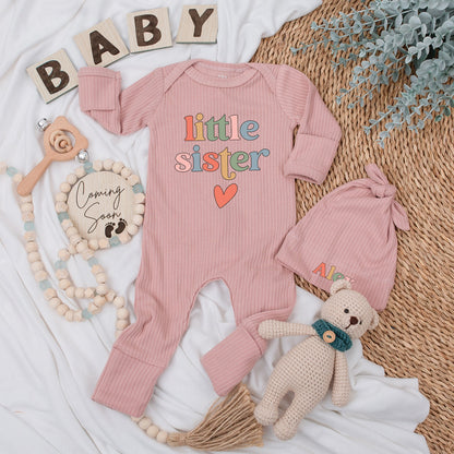 Little Sister Baby Bodysuit Hat Set Rainbow Retro Bubbly Font Newborn Girl Clothes Vintage Peach Heart Keepsake Gift Soft Cotton Outfit
