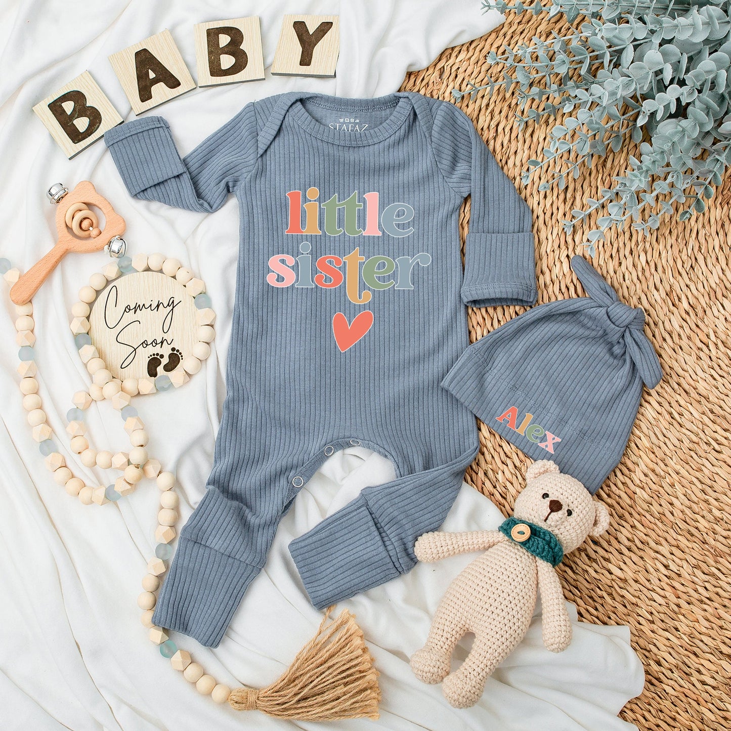 Little Sister Baby Bodysuit Hat Set Rainbow Retro Bubbly Font Newborn Girl Clothes Vintage Peach Heart Keepsake Gift Soft Cotton Outfit