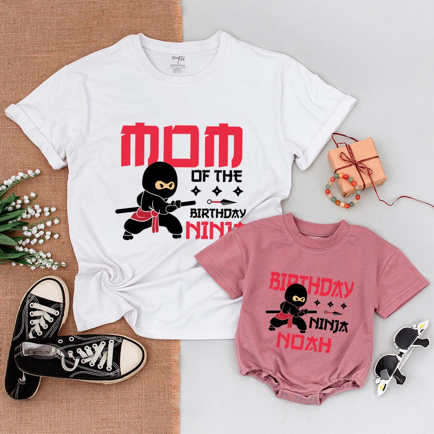 Custom Matching Family Birthday Ninja Shirts with Black and Red Cartoon Ninja for Mom Dad Bro First Birthday Boy Outfit Bodysuit Karate Party