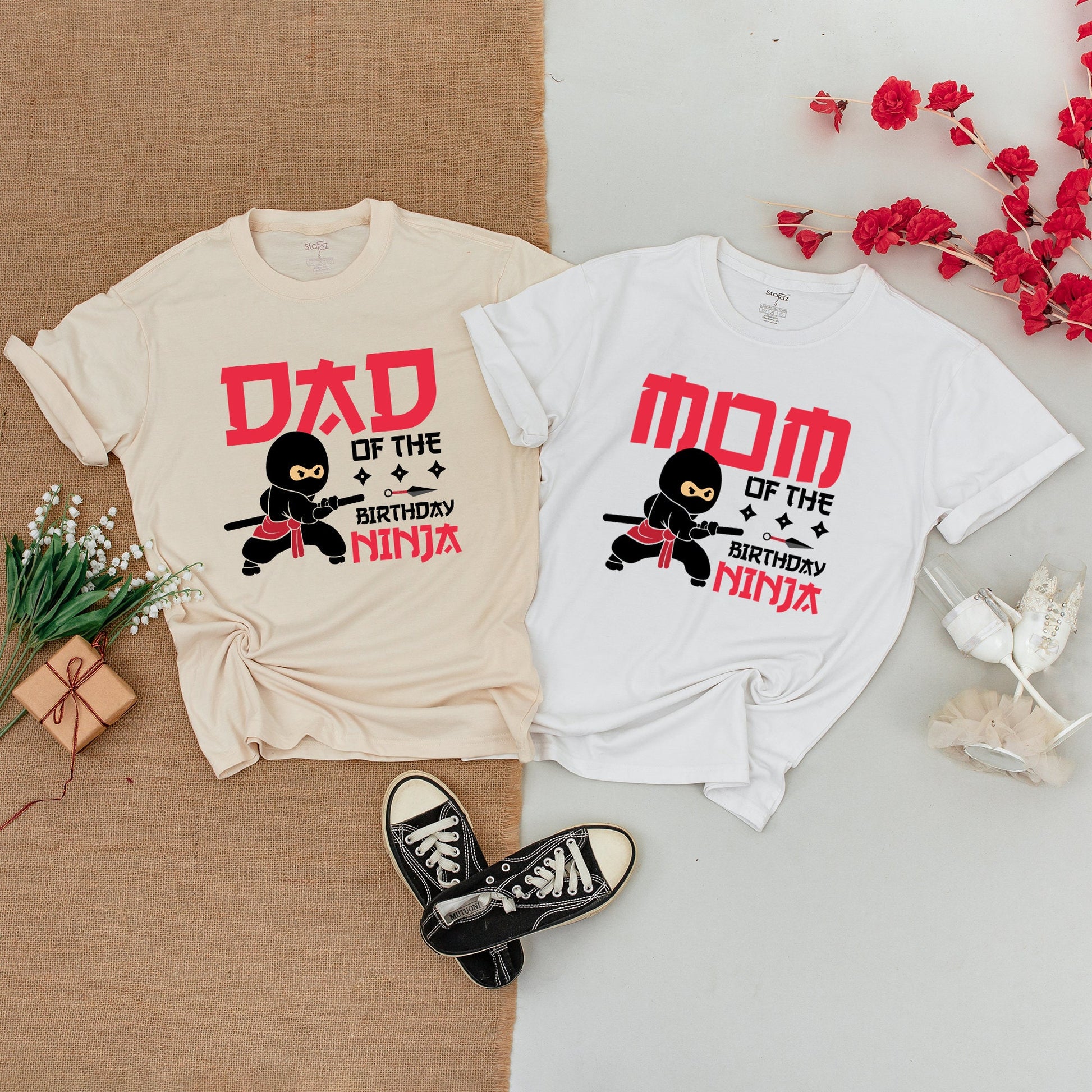 Custom Matching Family Birthday Ninja Shirts with Black and Red Cartoon Ninja for Mom Dad Bro First Birthday Boy Outfit Bodysuit Karate Party
