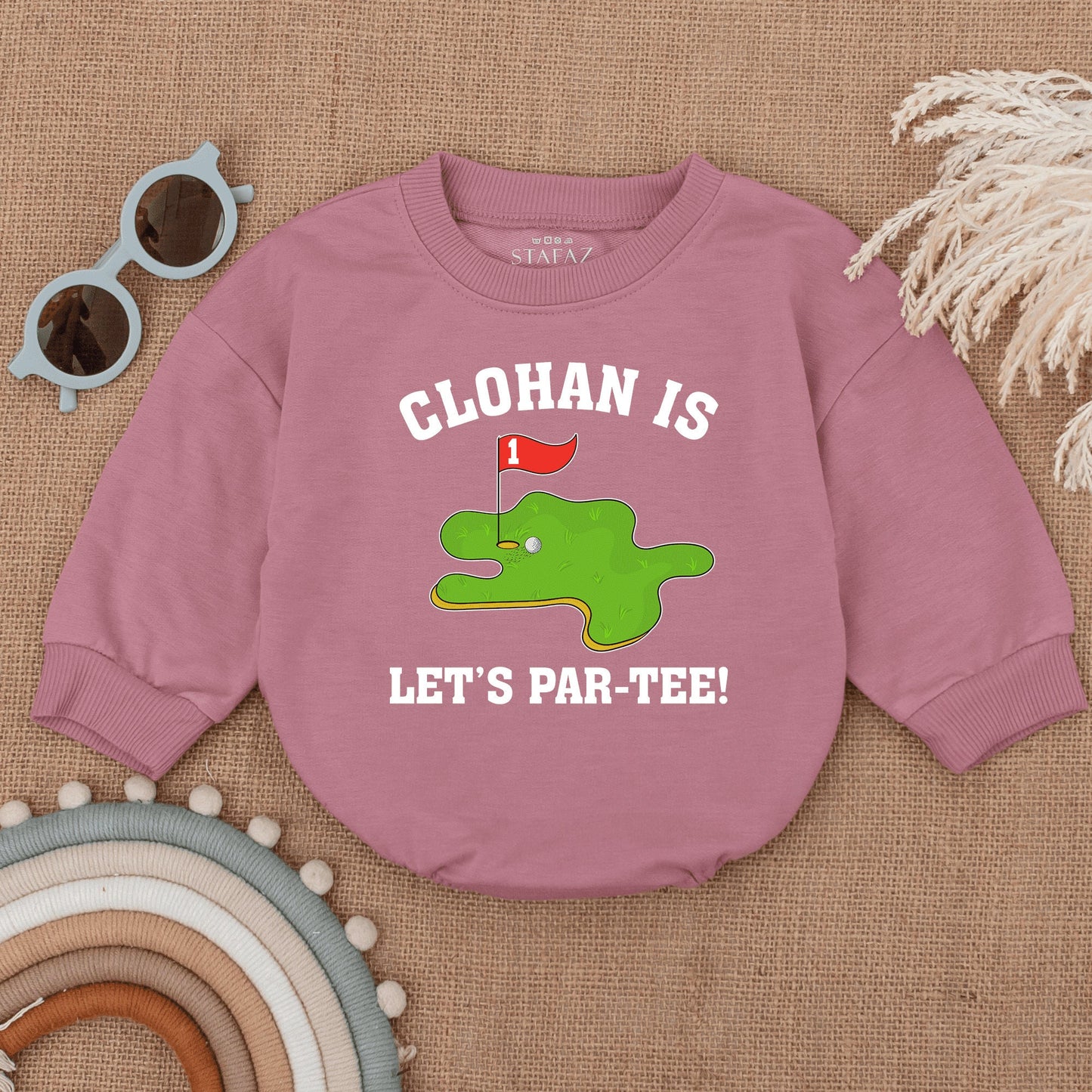 Custom Baby Golf "Let's Par-Tee!" First Birthday Romper Outfit, Playful Infant Bodysuit with Green Golf Course Flag Design