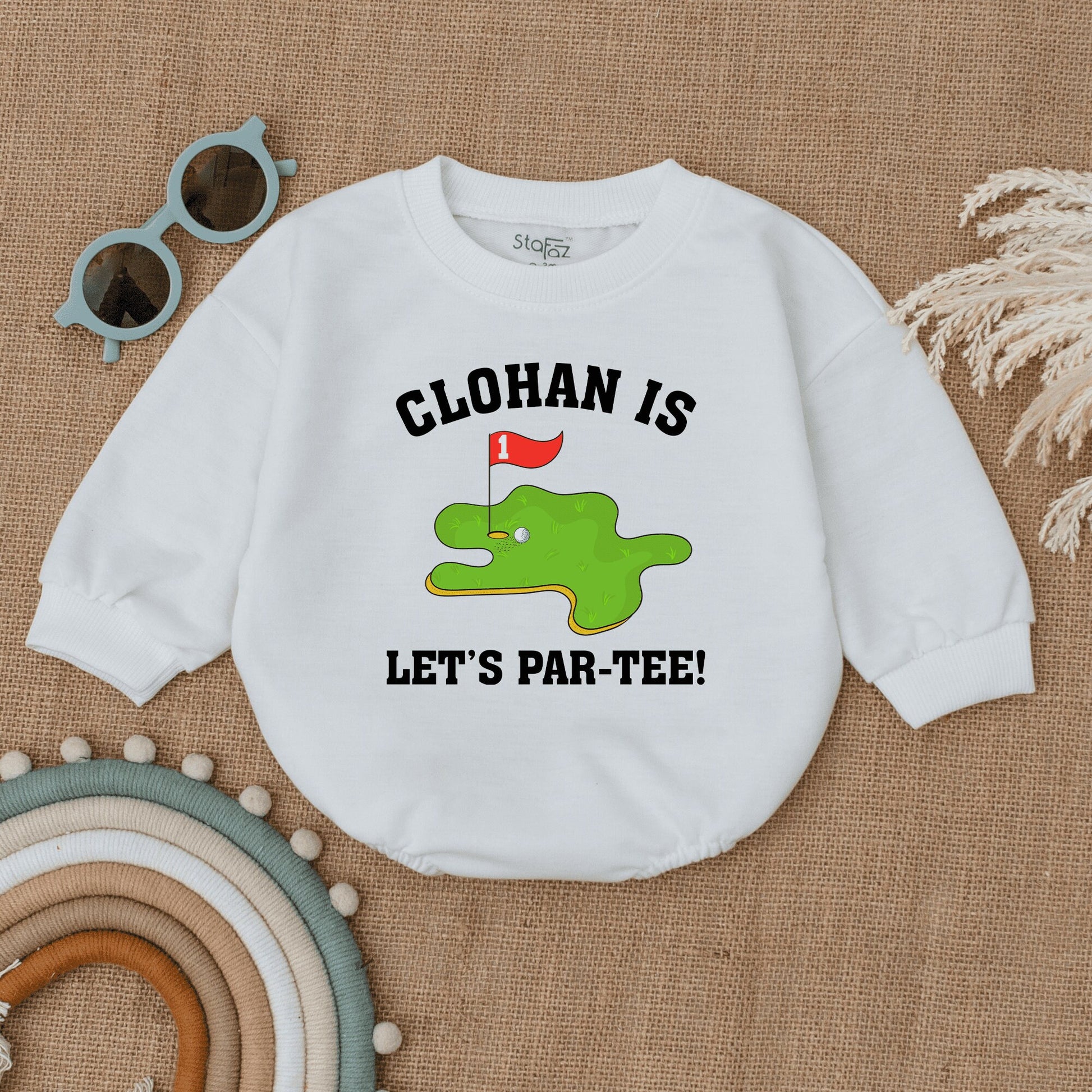 Custom Baby Golf "Let's Par-Tee!" First Birthday Romper Outfit, Playful Infant Bodysuit with Green Golf Course Flag Design