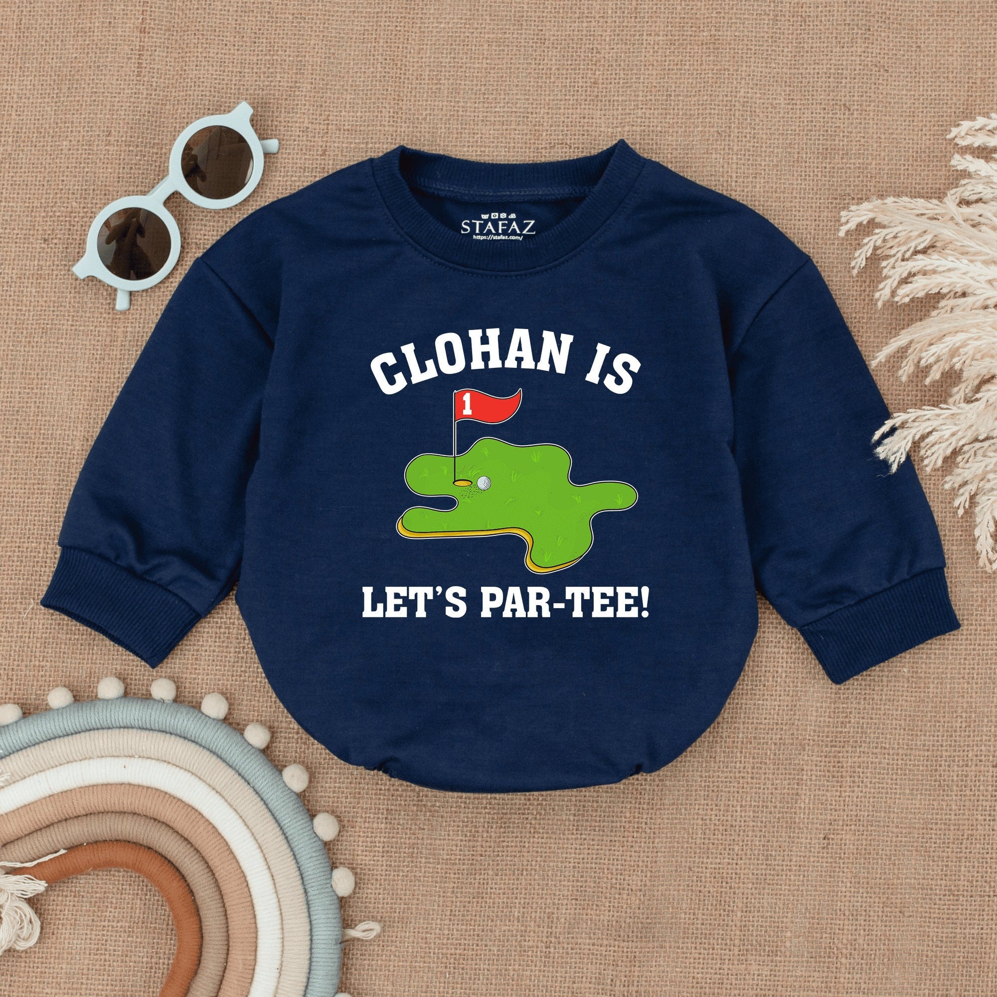 Custom Baby Golf "Let's Par-Tee!" First Birthday Romper Outfit, Playful Infant Bodysuit with Green Golf Course Flag Design