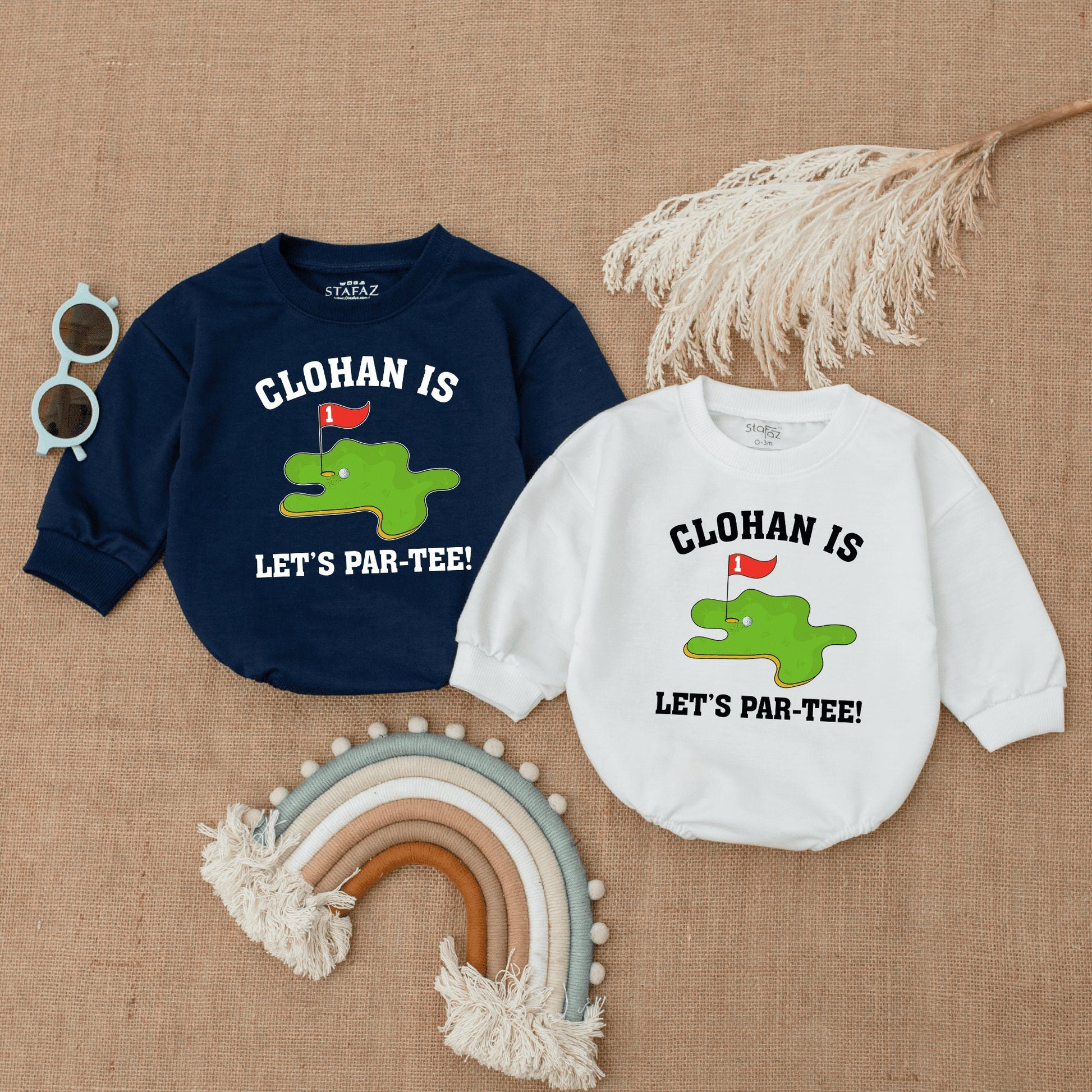 Custom Baby Golf "Let's Par-Tee!" First Birthday Romper Outfit, Playful Infant Bodysuit with Green Golf Course Flag Design