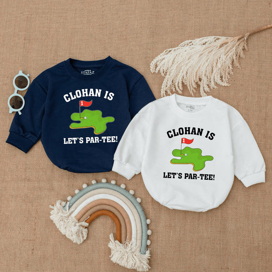 Custom Baby Golf "Let's Par-Tee!" First Birthday Romper Outfit, Playful Infant Bodysuit with Green Golf Course Flag Design