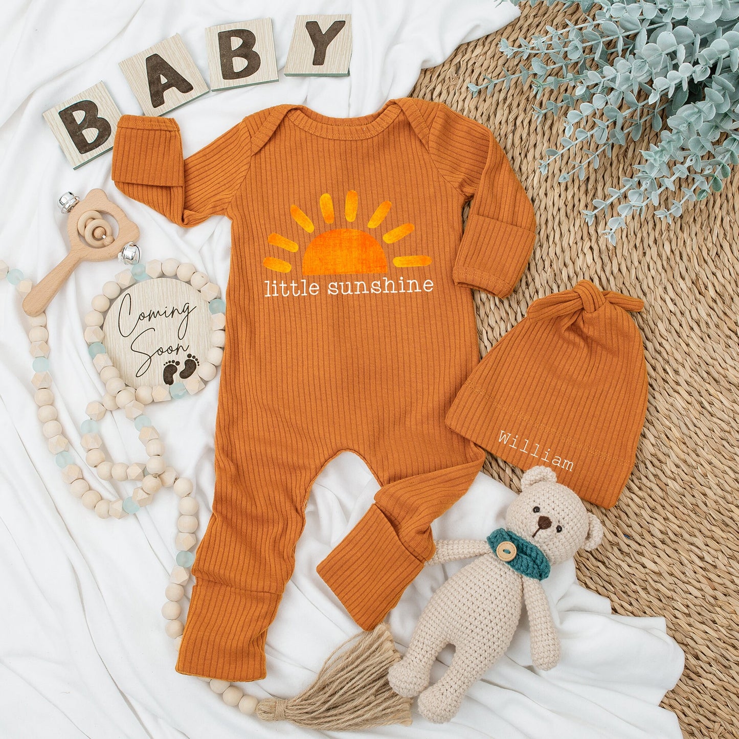 Sweet Little Sunshine Baby Bodysuit and Hat Set Bright Orange Sun Graphic Infant Girl Unisex Baby Shower Gift Coming Home Outfit Soft Keepsake