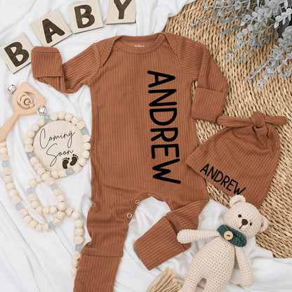 Personalized Name Baby Boy Bodysuit and Hat Set Newborn Coming Home Outfit Shower Gift with Modern Black Andrew Vertical Print