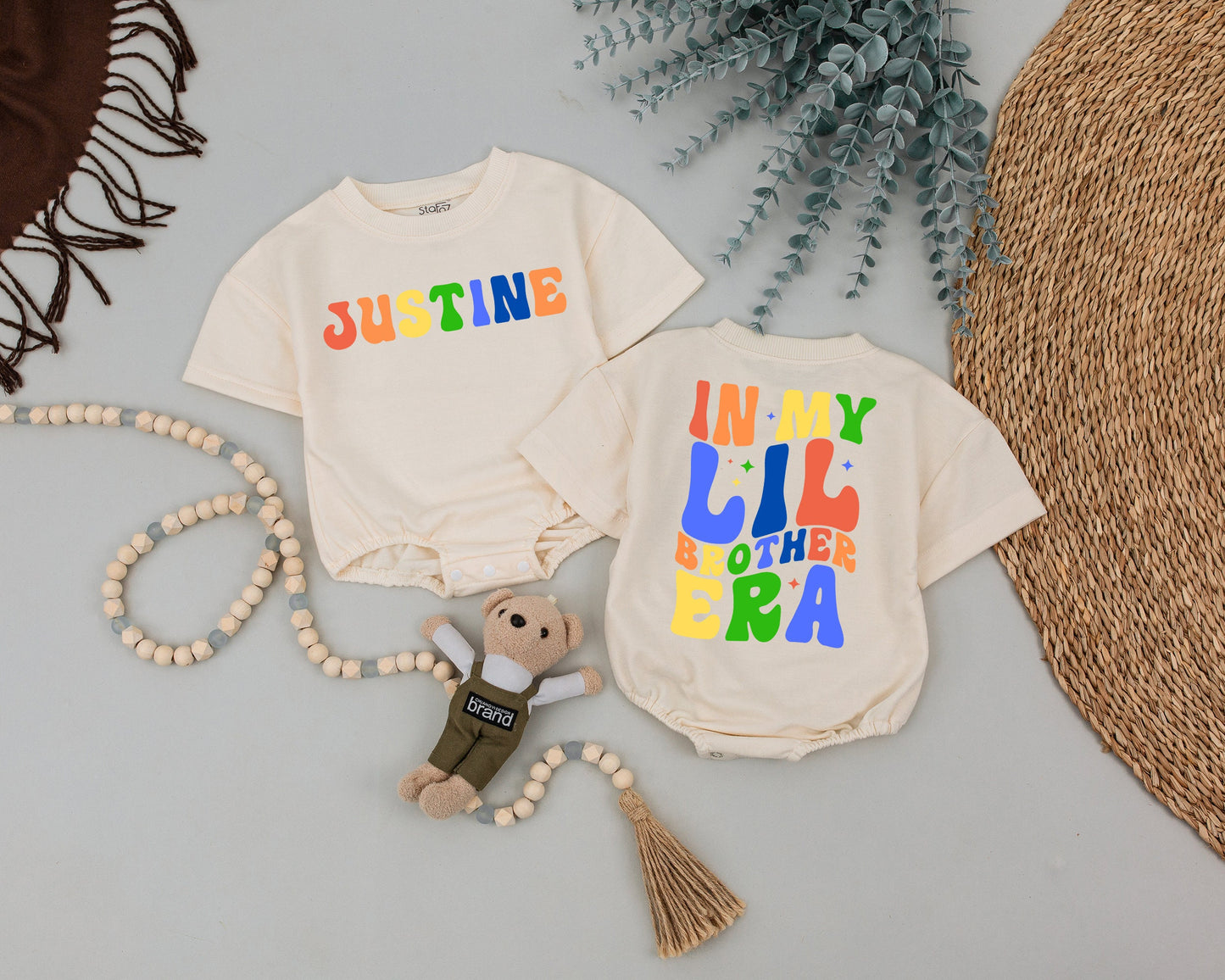 In My Little Brother Era Funny Personalized Name Toddler Shirt Rainbow Retro Baby Boy Tee Sparkle Design Pregnancy Announcement Gift