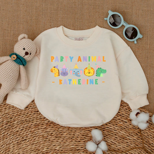 Personalized Party Animal Birthday Romper Colorful Safari Animals "PARTY ANIMAL" Text Baby Boy Cake Smash Outfit First Birthday Party