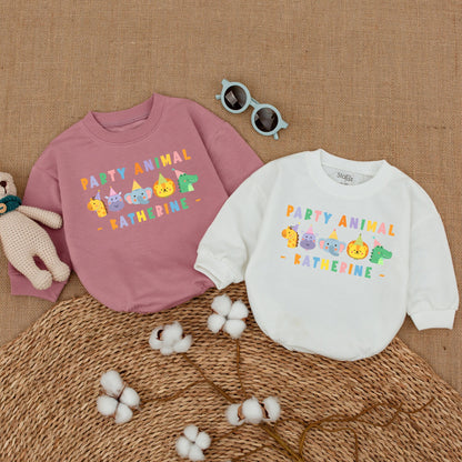 Personalized Party Animal Birthday Romper Colorful Safari Animals "PARTY ANIMAL" Text Baby Boy Cake Smash Outfit First Birthday Party