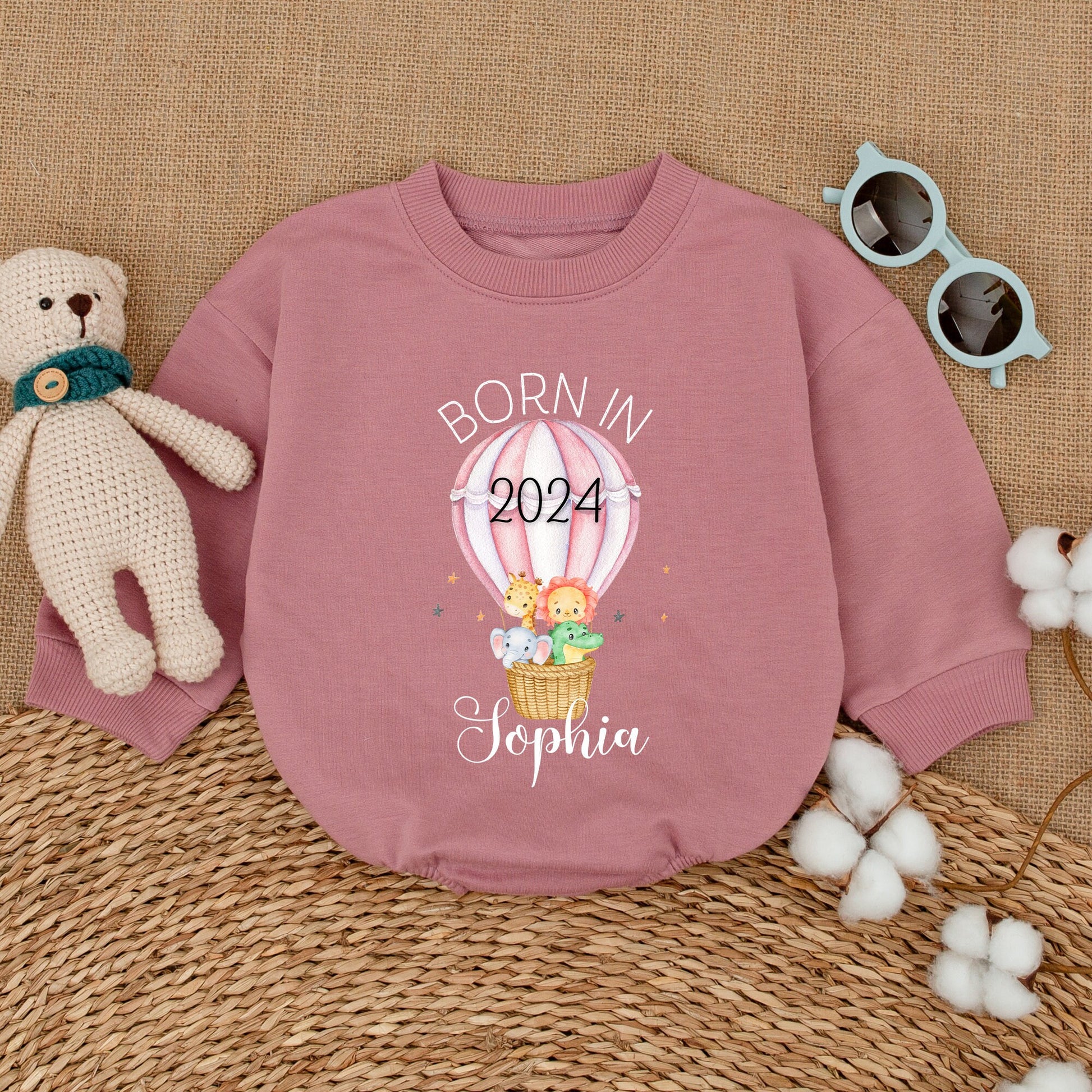 Personalized Born in 2024 Safari Baby Romper Hot Air Balloon Bodysuit Newborn Girl Boy Gift Soft Cotton Striped Animal Keepsake Sleepsuit