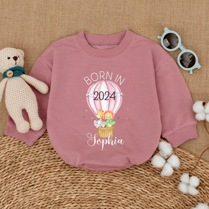 Personalized Born in 2024 Safari Baby Romper Hot Air Balloon Bodysuit Newborn Girl Boy Gift Soft Cotton Striped Animal Keepsake Sleepsuit